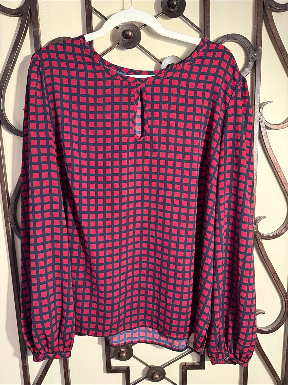 41 Hawthorn Navy and Pink Checked Long-Sleeve Blouse